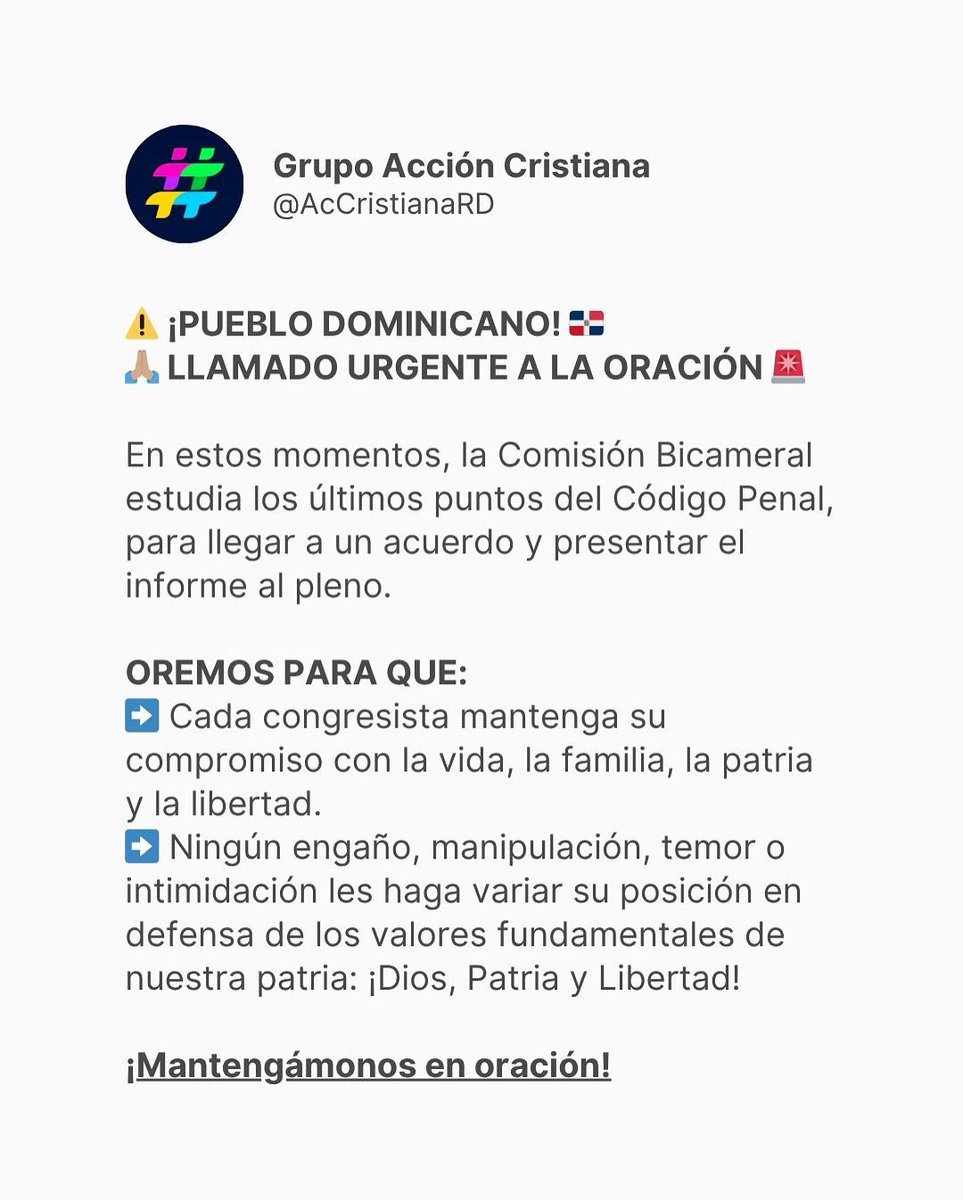 ⚠️ ¡PUEBLO DOMINICANO! 🇩🇴
🙏🏽 LLAMADO URGENTE A LA ORACIÓN 🚨

La Comisión Bicameral estudia los últimos puntos del Código Penal, para llegar a un acuerdo y presentar el informe al pleno.

Dios frustre todos los planes del mal en contra del Código Penal que la RD necesita.