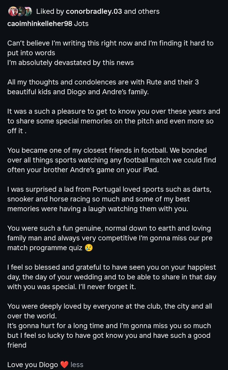 Caiomhin Kelleher with a beautiful tribute to Jots, one of his best friends at the club ❤️😢