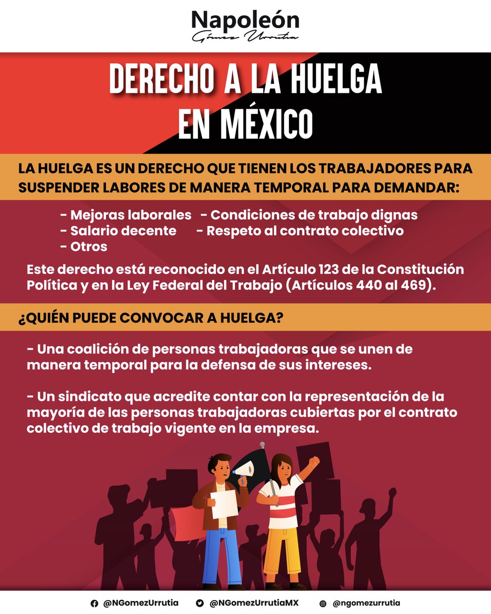 ¿Sabías que hacer huelga es un derecho, no un delito?

En México 🇲🇽, la huelga está protegida por la Constitución (Art. 123) y la Ley Federal del Trabajo.

Es una herramienta legítima que tienen las y los trabajadores para defender su salario, condiciones laborales y dignidad. 🛠️