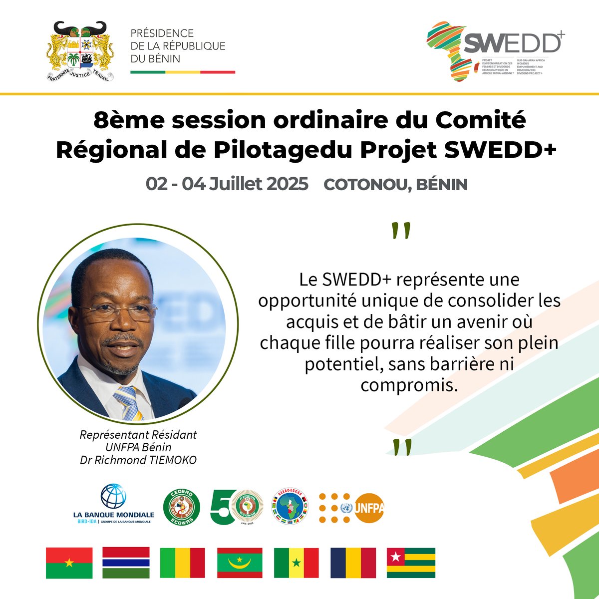 The 8th Ordinary Session of the Regional Steering Committee of SWEDD+ project opens in Cotonou, Benin on 2 July 2025.
The meeting was opened officially by the Minister of Social Affairs and Microfinance of Benin 🇧🇯, Prof Veronique TOGNIFODE.
#SWEDDPlus #ECOWAS #WAHO