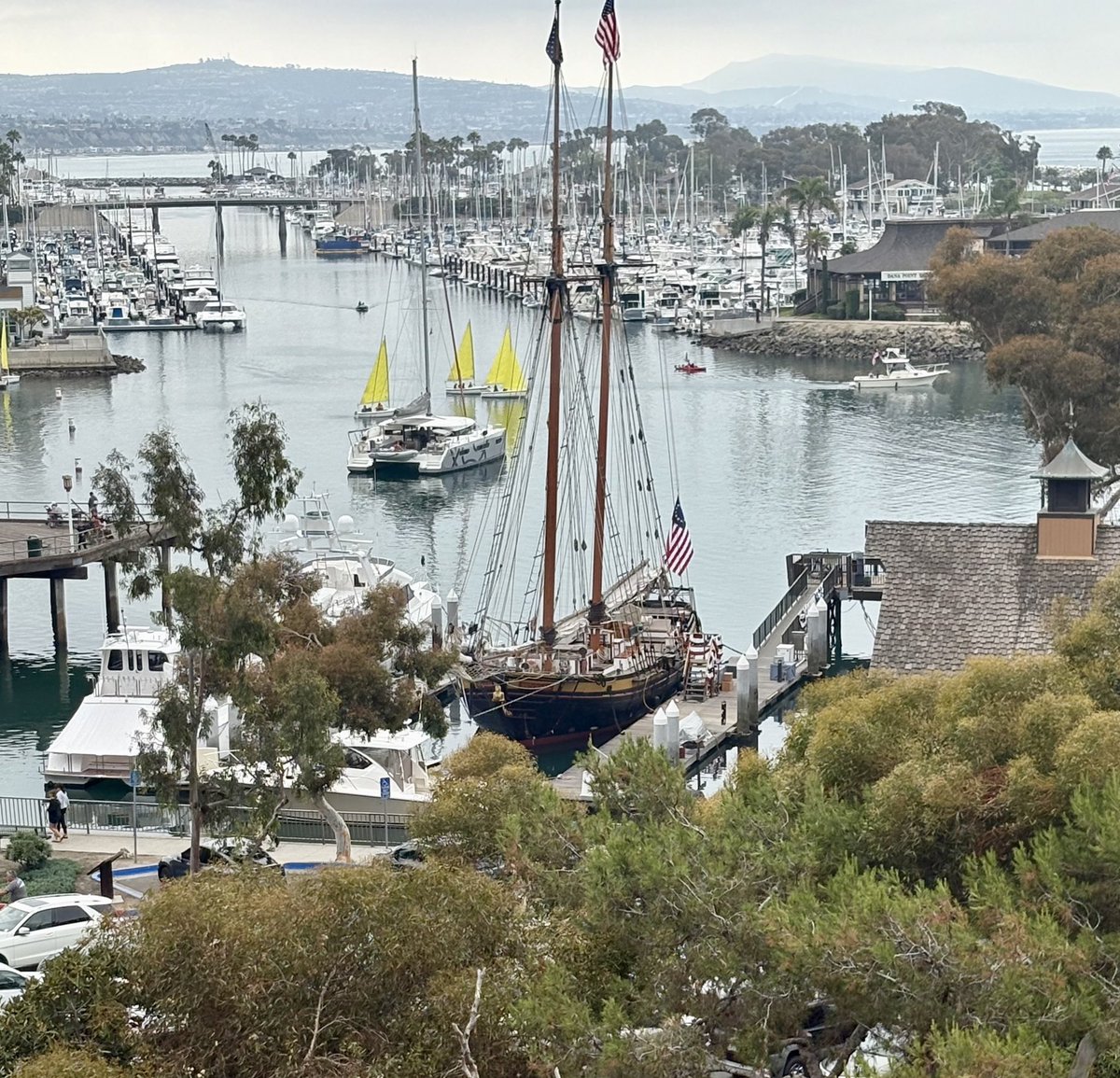 Michsteer's tweet image. There are flags everywhere today, on that tall ship, in the harbor and on tree lined roads! #July4thWeekend #July2025