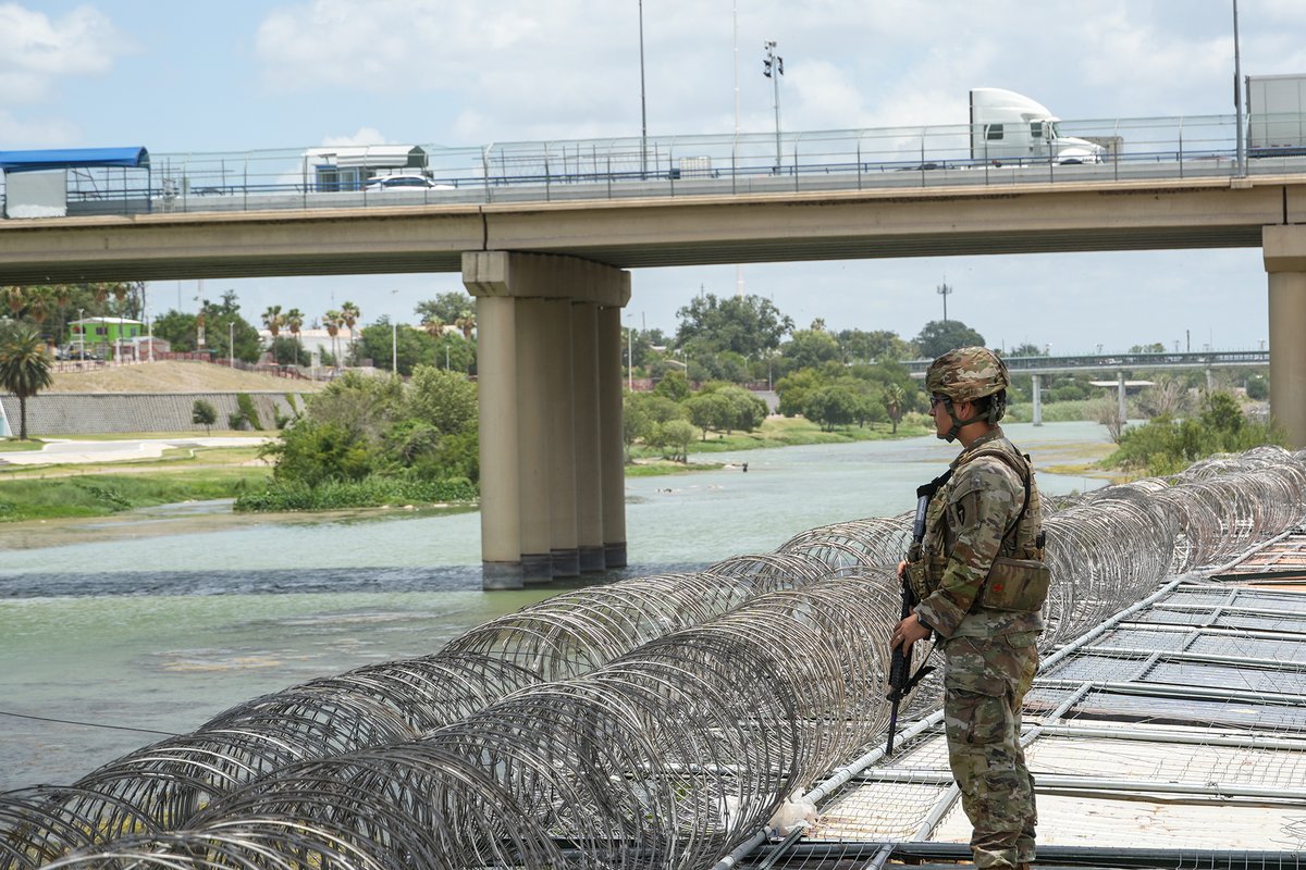 Texas National Guardsmen stand watch along the Texas border as part of Operation Lone Star’s ongoing mission to deter, detect and interdict human traffickers and stop transnational crime coming into Texas from Mexico.