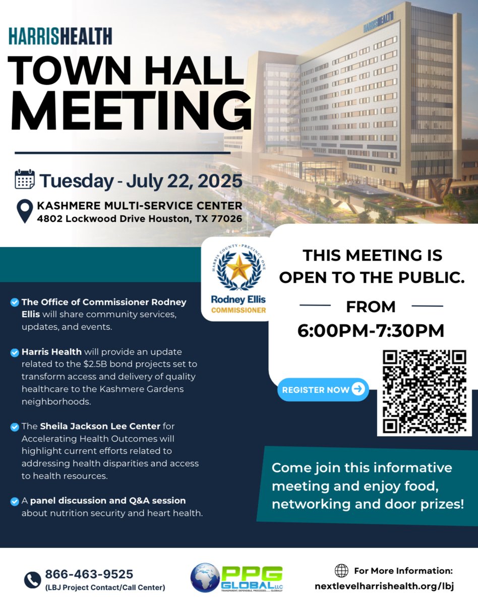 You’re invited to the Harris Health Town Hall Meeting on Tuesday, July 22, 2025, at the Kashmere Multi-Service Center.

This event offers valuable updates, including key information on the $2.5B bond, community services, and more!

Register now at nextlevelharrishealth.org/lbj