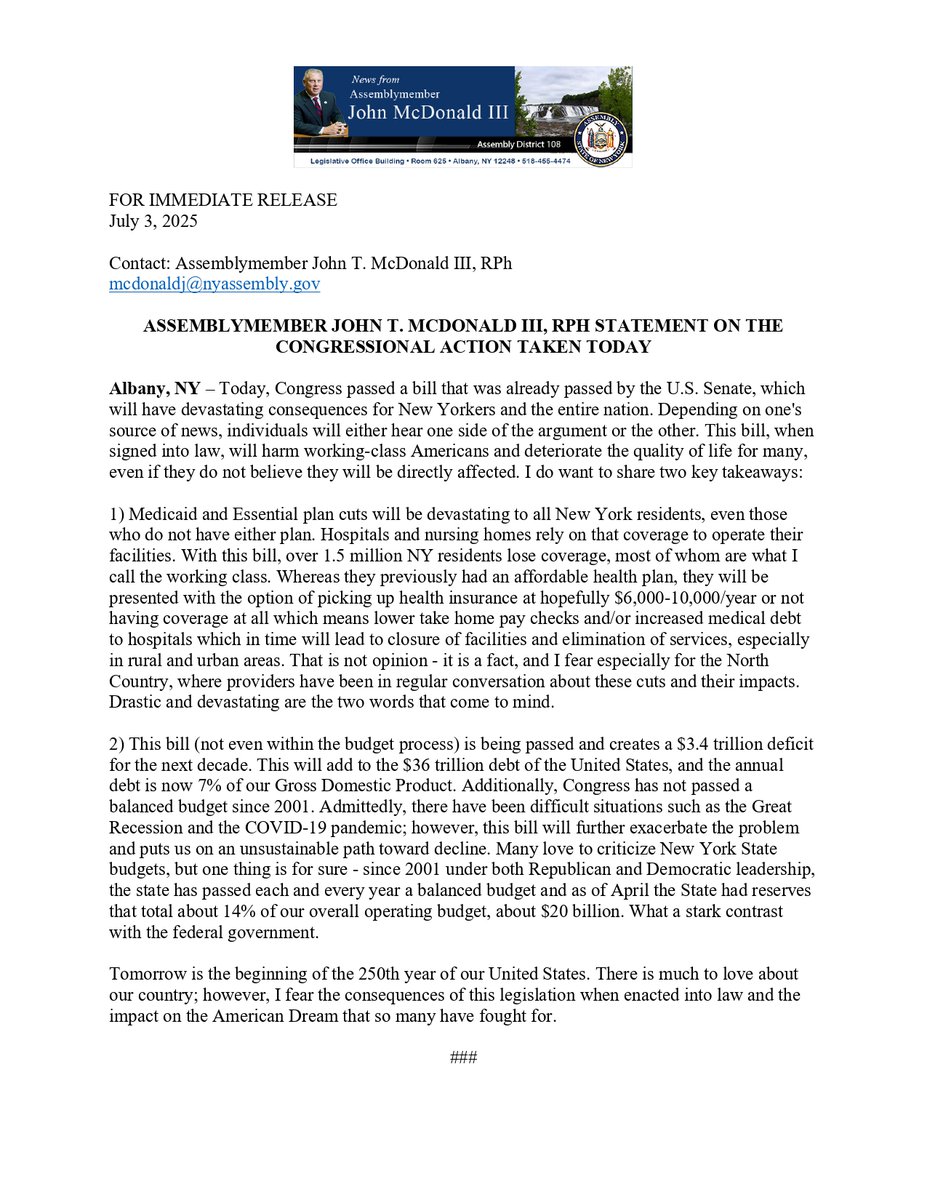 ASSEMBLYMEMBER JOHN T. MCDONALD III, RPH STATEMENT ON THE CONGRESSIONAL ACTION TAKEN TODAY