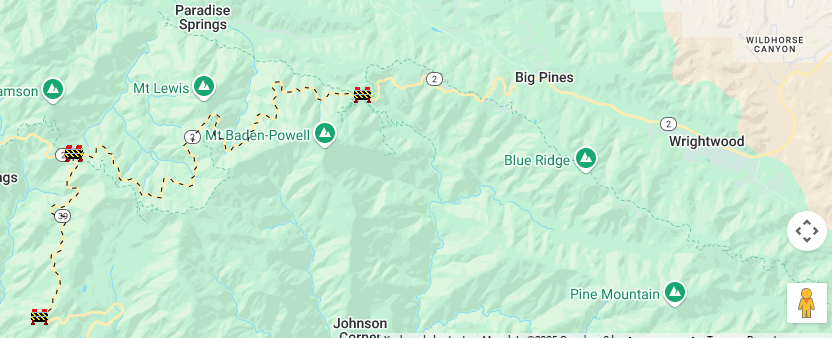 Caltrans8's tweet photo. 📰BIG News: Prior to the 4th of July Holiday, we are happy to announce that after many months of hard work from our Cajon Maintenance Crew, SR-2 from Big Pines to Vincent Gulch, is now open to the public after the #BridgeFire. Vincent Gulch to Islip Saddle will remain closed. https://t.co/W8wbZYZBdC