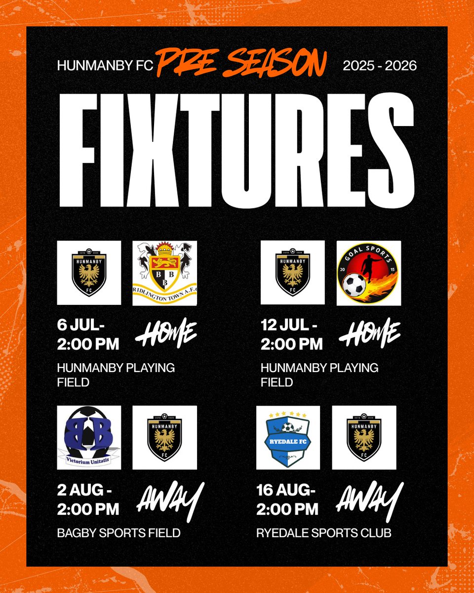 As the run in to the start of our first season in the <a href="/ERCountyLeague/">E R County League</a>  here is a look at our upcoming pre season fixtures
6th July Bridlington Town Vets (Home)
12th July <a href="/GoalSportsFc/">Goal Sports FC</a>  (Home)
2nd August Bagby &amp; Balk FC (Away)
16th August <a href="/RyedaleFC22_23/">RyedaleFC</a>  (Away)
