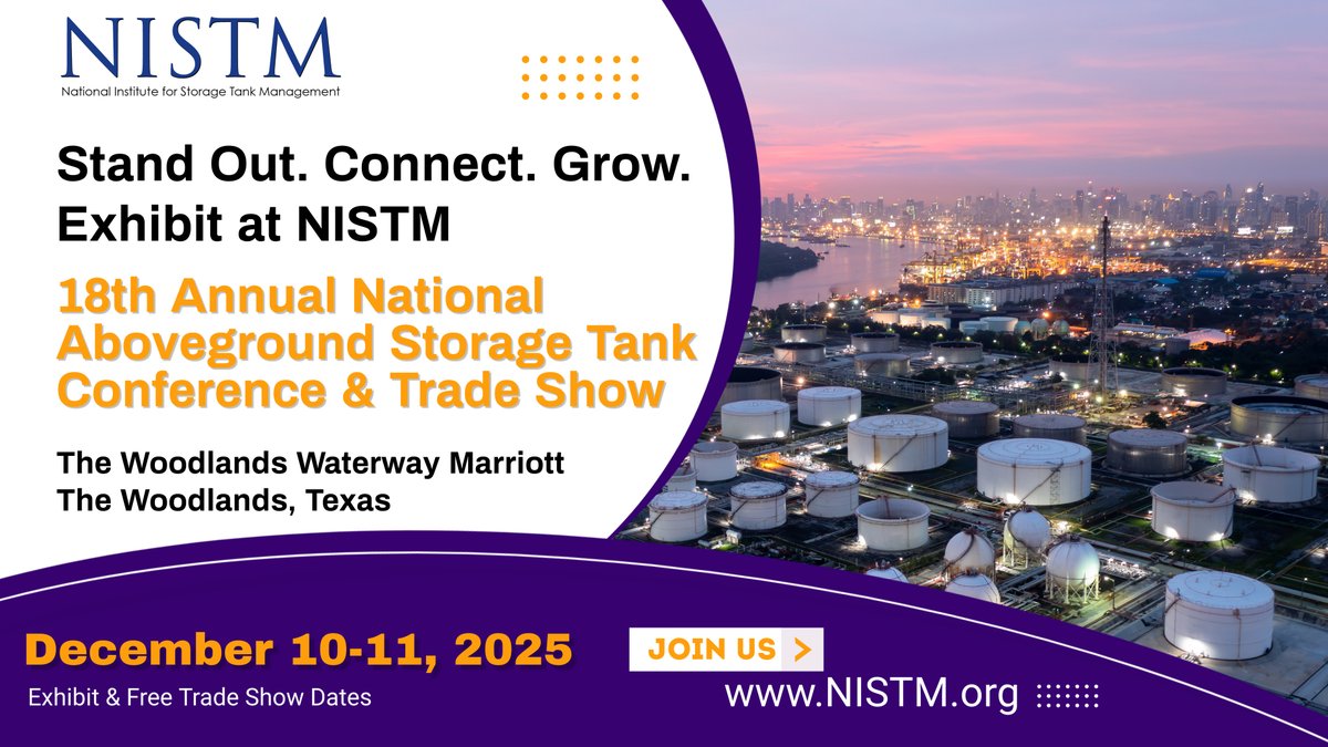 NISTM (@nistm_org) on Twitter photo Exhibitor registration is open for the 18th Annual NISTM Trade Show – Dec 9-11, 2025 in The Woodlands, TX! Connect with top decision-makers in the tank industry and showcase your solutions.
>> Reserve your booth: NISTM.org | janelle@nistm.org Exhibitor registration is open for the 18th Annual NISTM Trade Show – Dec 9-11, 2025 in The Woodlands, TX! Connect with top decision-makers in the tank industry and showcase your solutions.
>> Reserve your booth: NISTM.org | janelle@nistm.org