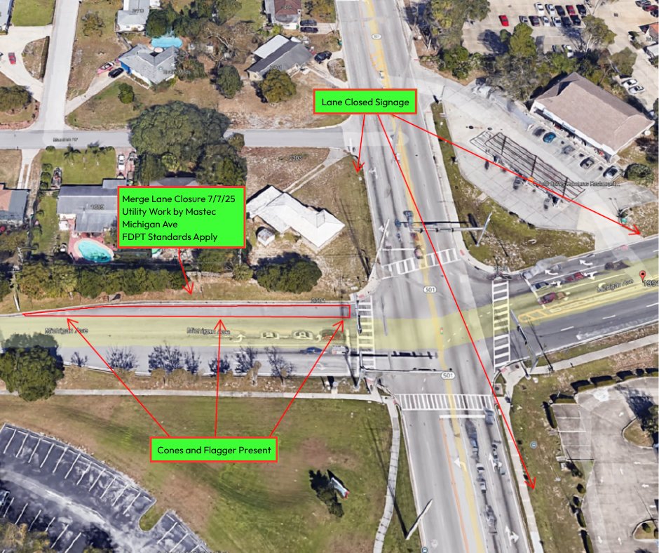 The work that was originally scheduled for the merge lane on Michigan Ave on 7/2 was moved to 7/7. The merge lane on Michigan Ave is closed on 7/7/25 for utility work. Traffic cones and Flaggers will be present. The intersection of Michigan Ave and Clearlake Rd will remain open.