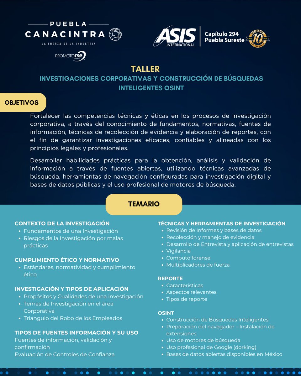Canacintra Puebla (@canacintrap) on Twitter photo 🛡️ Diplomado de Seguridad Corporativa – Taller Especializado
🔍 Taller: Investigaciones Corporativas y Construcción de Búsquedas Inteligentes OSINT
📅 Fechas: 7 al 10 de julio
🕕 Horario: 18:00 a 20:30 h (10 horas en total)
📍 Modalidad: En línea vía Zoom
🎓 Imparten:
•  Víctor 🛡️ Diplomado de Seguridad Corporativa – Taller Especializado
🔍 Taller: Investigaciones Corporativas y Construcción de Búsquedas Inteligentes OSINT
📅 Fechas: 7 al 10 de julio
🕕 Horario: 18:00 a 20:30 h (10 horas en total)
📍 Modalidad: En línea vía Zoom
🎓 Imparten:
•  Víctor