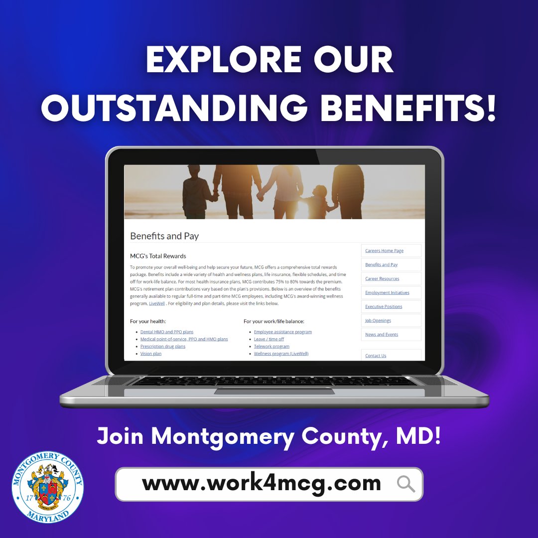 WORK4MCG's tweet image. Curious about the #TotalRewards package you can expect if you join our team? Visit the #MontgomeryCountyMD #careers website at work4mcg.com to learn about our competitive #benefits!
Check it out! montgomerycountymd.gov/hr/recruitment…