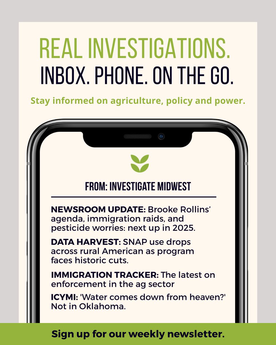 Why is SNAP shrinking in rural America? Who's being swept up in ag immigration crackdowns? Who benefits from Oklahoma’s water loophole? 

Get the facts in our weekly newsletter, Field Notes. Sign up here: investigatemidwest.org/subscription-o… 

 #AgNews #InvestigativeJournalism