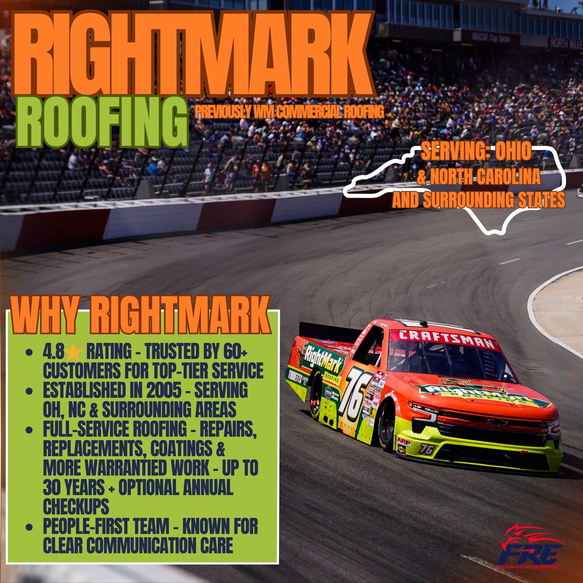 Built to last—on the track and on the roof. 🛠️ Big thanks to #rightmarkroofing for backing the No. 76 at North Wilkesboro! Proud to partner with a team that puts quality first.