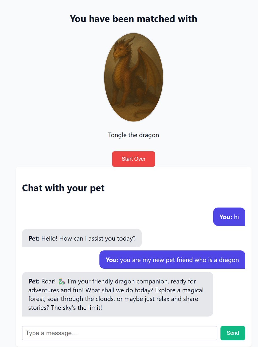 This took me like 2 days but I build this from scratch to be a magical pet match making service that connects you to an AI chatbot. the prompts are not there yet.