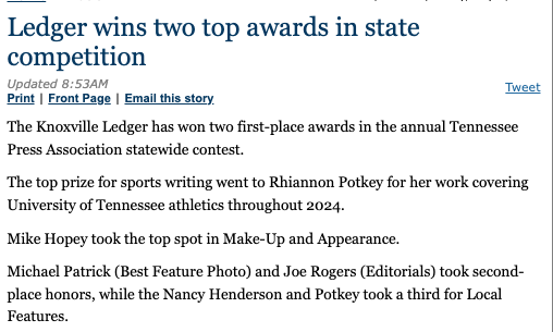 Honored to place 1st in the Best Sports Writing category for Group 3 of the Tennessee Press Contests Award, especially as a freelancer for this gig. tnledger.com/knoxville/edit…