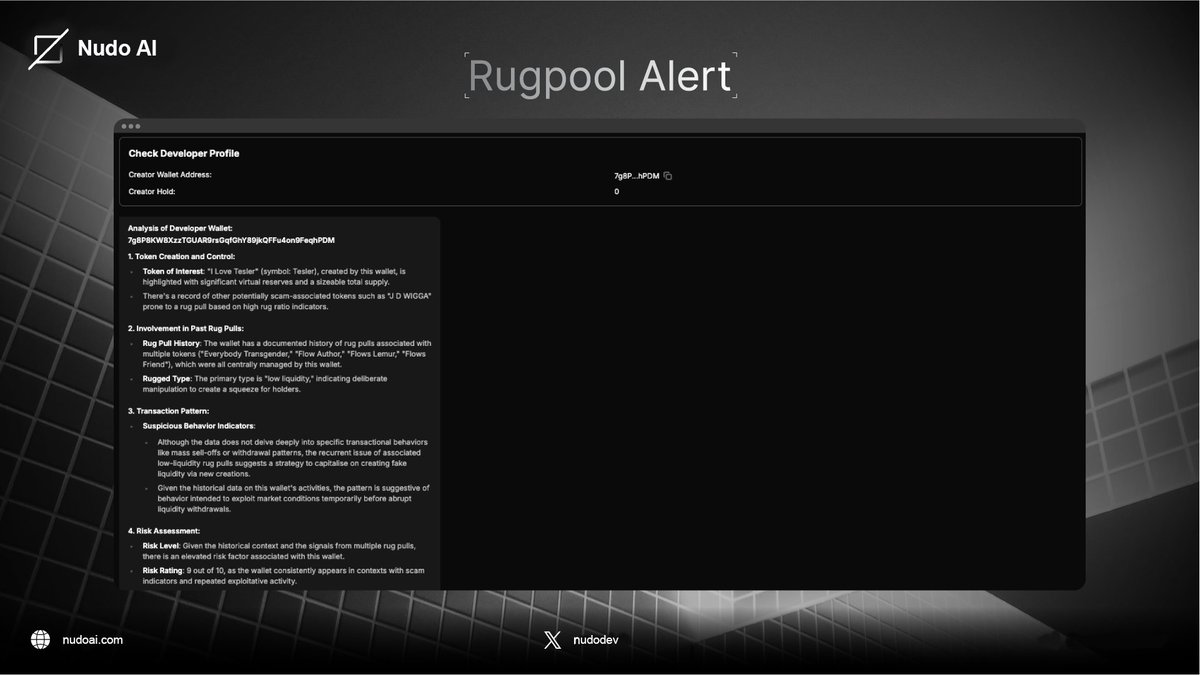 nudodev's tweet photo. Nudo AI’s Rugpull Alert scans developer wallets to detect potential scam activity.

It flags suspicious token launches, prior rugpull history, and risky transaction behavior, assigning a risk score so you can steer clear of bad actors and trade safely on @solana.

How to use it? Just enter the prompt: “Dev check + [token CA]” on https://t.co/yVpLt2ehx5 and get instant results.