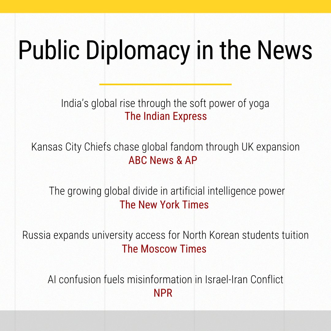 A new "Public Diplomacy in the News" roundup explores yoga as soft power, the Kansas City Chiefs' quest to build a global fan base, the international AI divide, &amp; more.

🔗: uscpublicdiplomacy.org/blog/public-di…