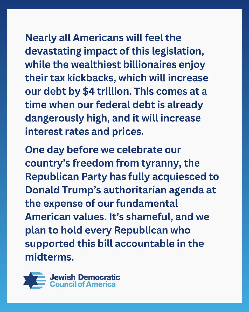We wish we were surprised to see the Big Ugly Bill pass the House, but it’s consistent with the devastation, destruction, and betrayal that has defined Trump’s second term.

We plan to hold every Republican who supported this bill accountable in the midterms.

Our full statement: