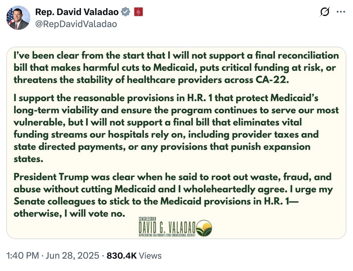 Five days ago, Rep. David Valadao, R-Calif., threatened to vote NO on this bill due to the steeper Medicaid cuts than an earlier version. He just voted YES.