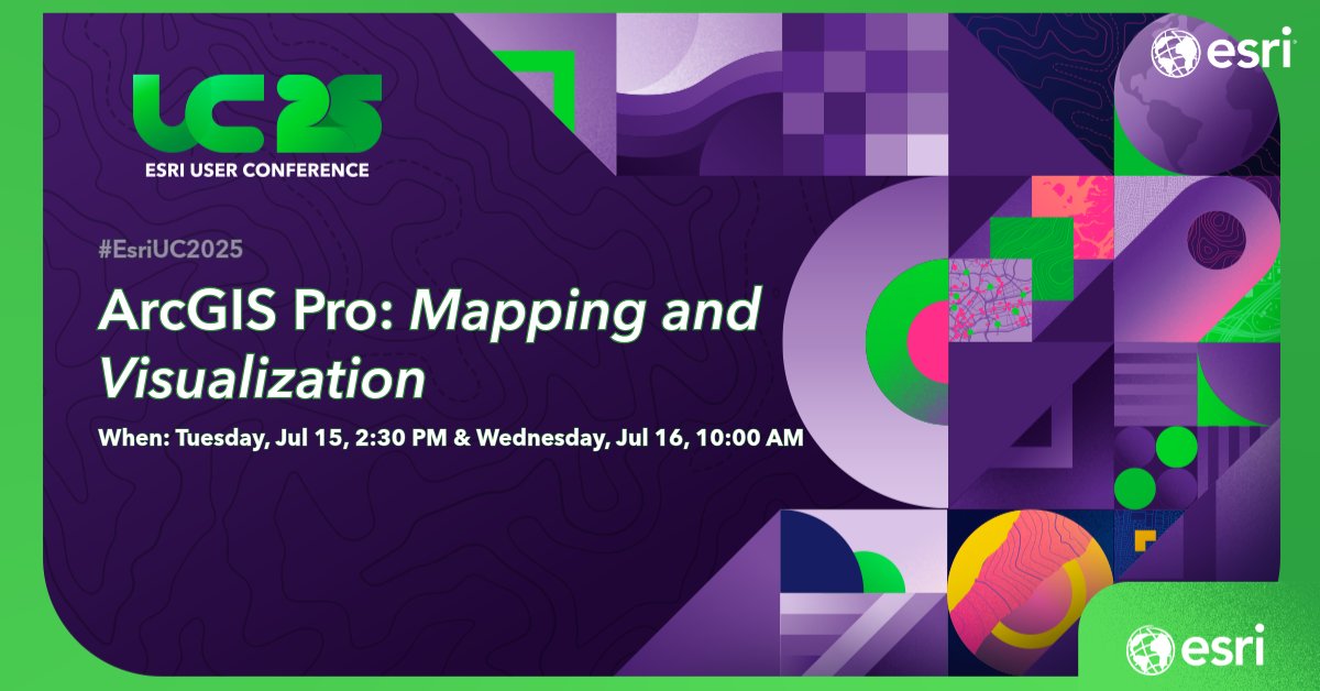 Attend this #EsriUC2025 session to learn what's new in the world of mapping and visualization in #ArcGISPro! Topics will include layer/map properties,  cartographic refinements, and symbols/ colors for standardized map presentation. ow.ly/yxnE50WkBSt