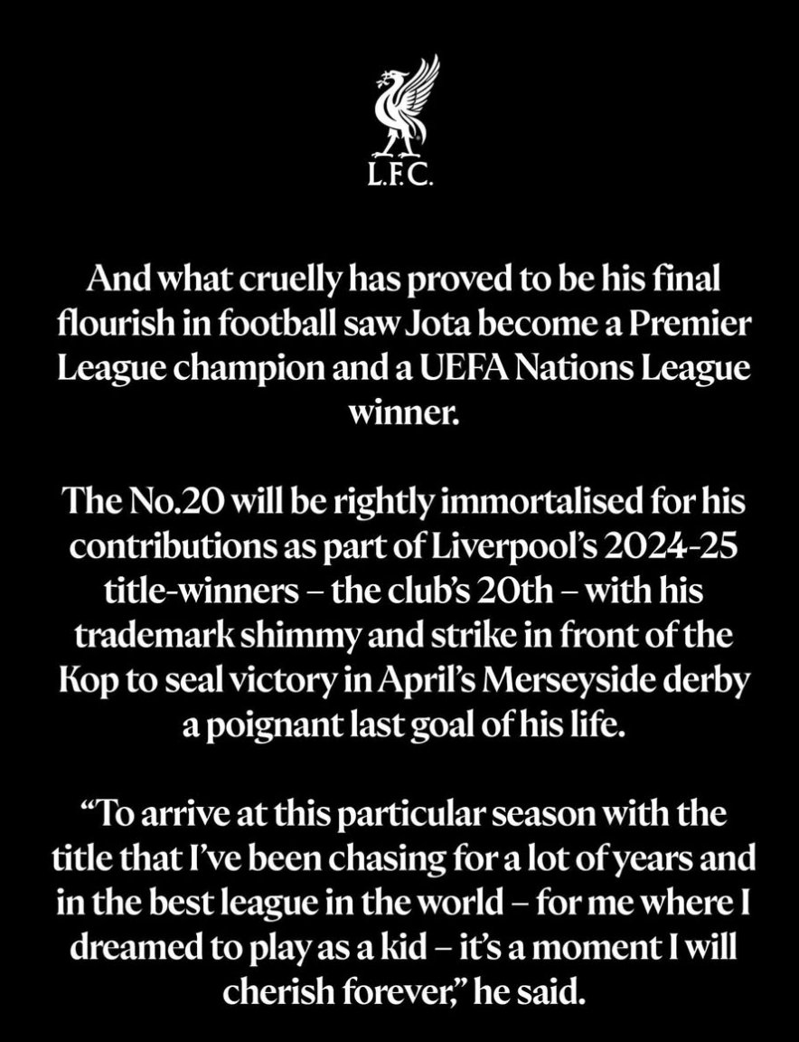 🚨 OFFICIEL ! 

Par respect et en hommage à Diogo Jota, le numéro 2️⃣0️⃣ ne sera plus jamais porté à Liverpool. 🇵🇹

(IG : liverpoolfc)