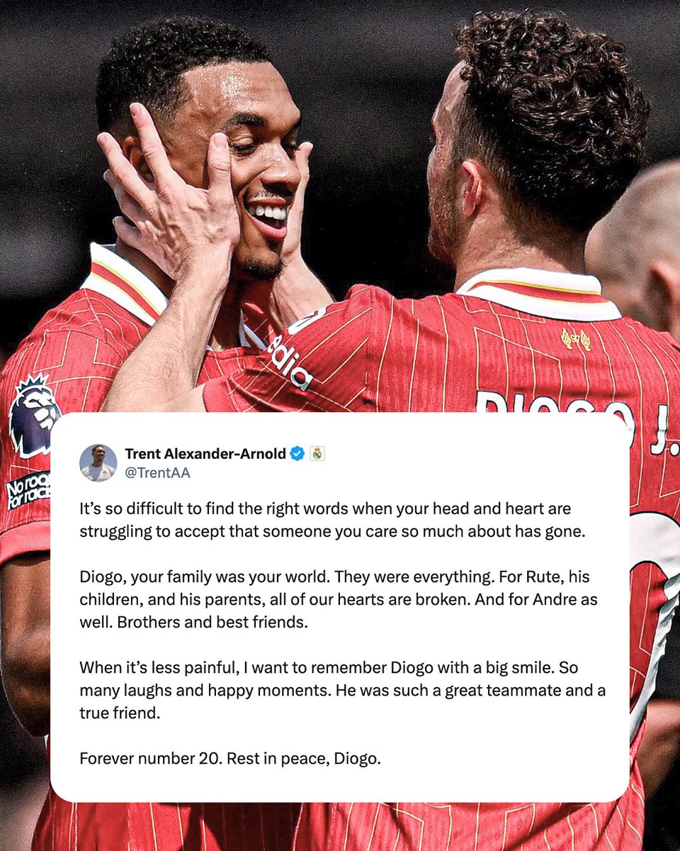 ESPNFC's tweet photo. Trent Alexander-Arnold with this heartfelt message for Diogo Jota ❤️ https://t.co/pRwya1ghpf