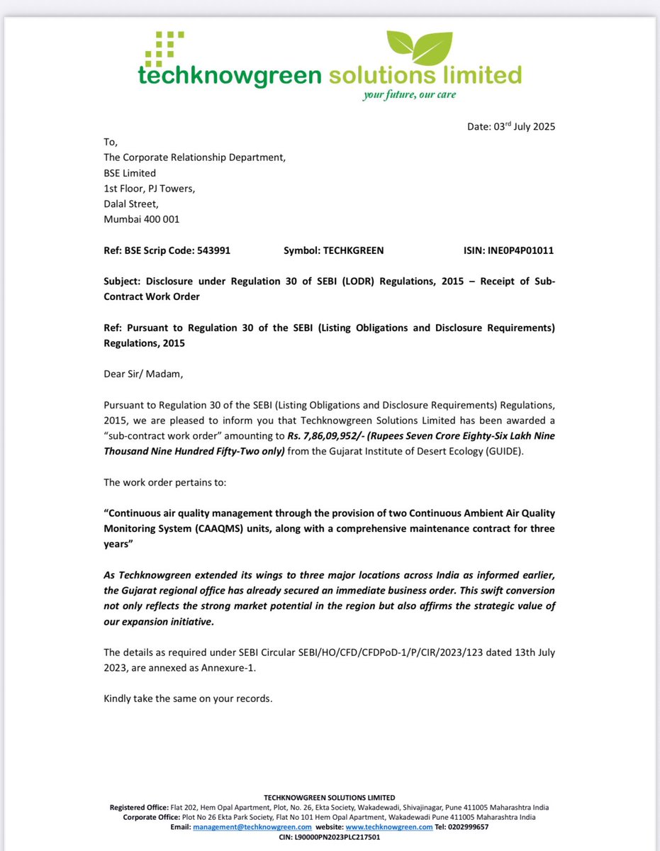 ImranKhan_IMR's tweet photo. @Vismaya9999 Order flow getting momentum for AMBIENT AIR QUALITY MANAGEMENT SYSTEM (CAAQMS) units. This can be a game changer for them. Order value is approx 8cr
#Techknowgreen https://t.co/TO8YUhOxQz