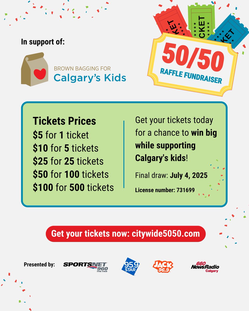 ⏰ LAST CHANCE to get your tickets for our 50/50 Raffle! Sales end TOMORROW at 8 AM! 💰 Your take-home prize is over $80,000 and still growing! The final draw is TOMORROW at 9 AM during the Calgary Stampede Parade!
Get your tickets now citywide5050.com 🌟
#BB4CK #Stampede