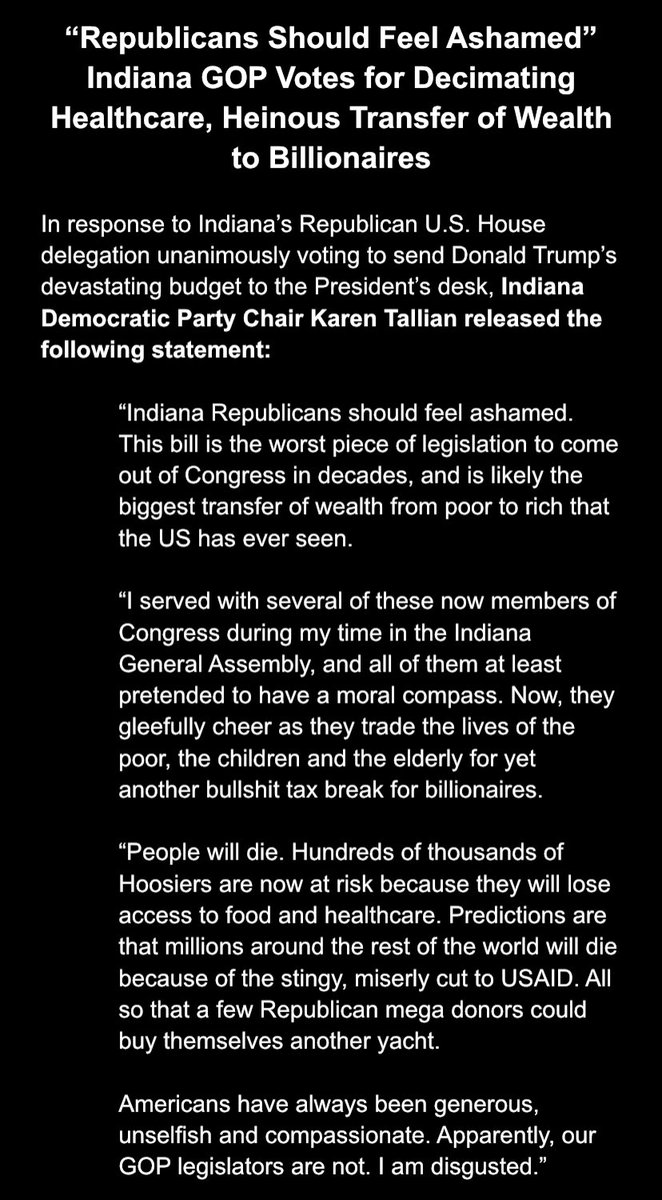 Every Indiana Republican just voted to kick 230K Hoosiers off their healthcare coverage, &amp; raise electricity bills on families. 

Chair Tallian: “People will die. Hundreds of thousands of Hoosiers are now at risk because they will lose access to food and healthcare.”