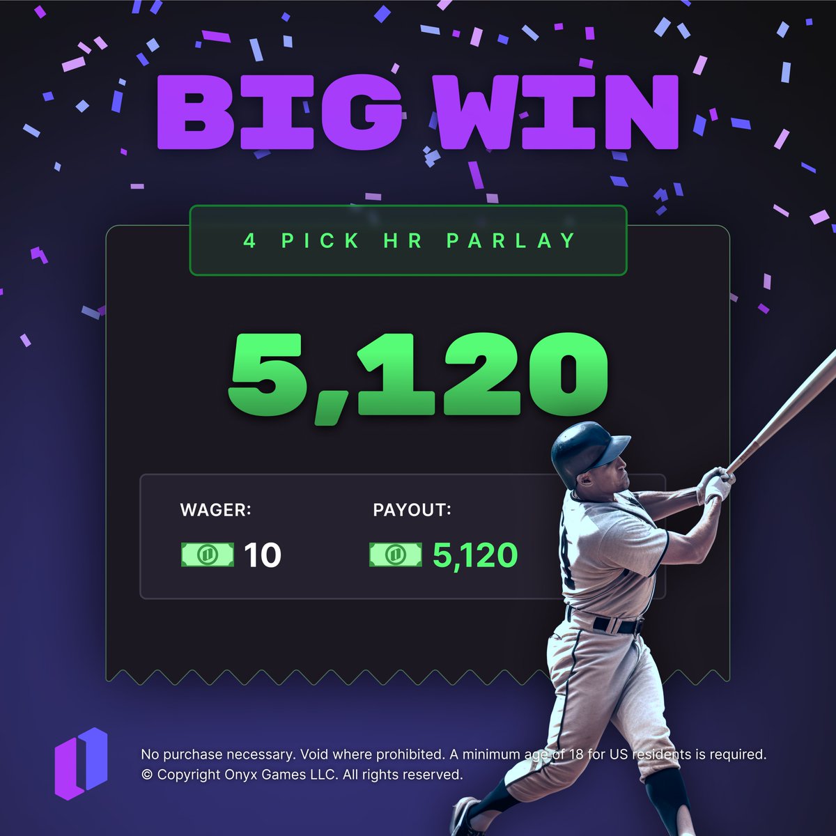 OnyxOdds's tweet image. MASSIVE WIN 🤯
10.00 ➡️ 5,120.00 Onyx Cash ✅
Home run parlays are now boosted 44% through 4th of July weekend 🇺🇸