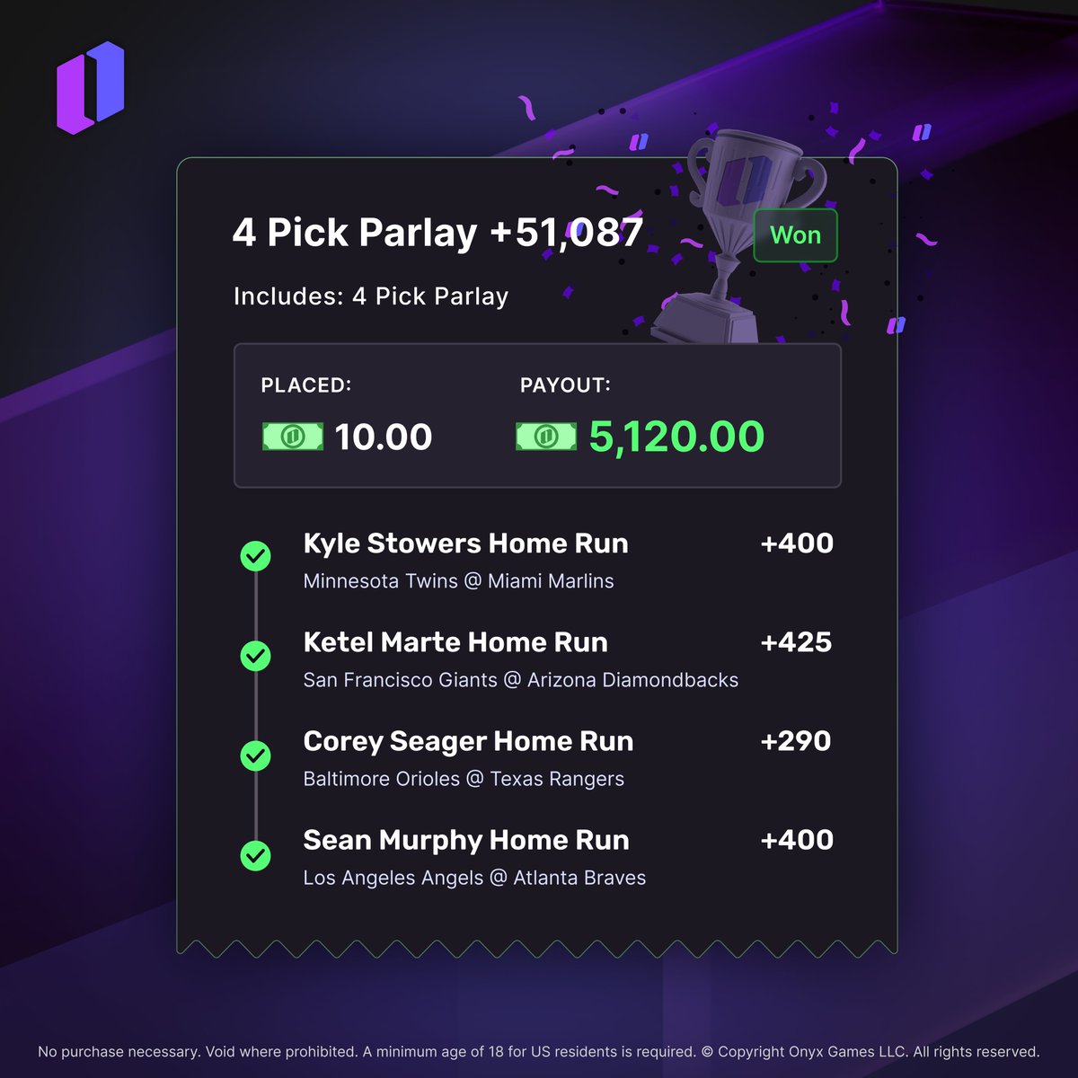 OnyxOdds's tweet image. MASSIVE WIN 🤯
10.00 ➡️ 5,120.00 Onyx Cash ✅
Home run parlays are now boosted 44% through 4th of July weekend 🇺🇸