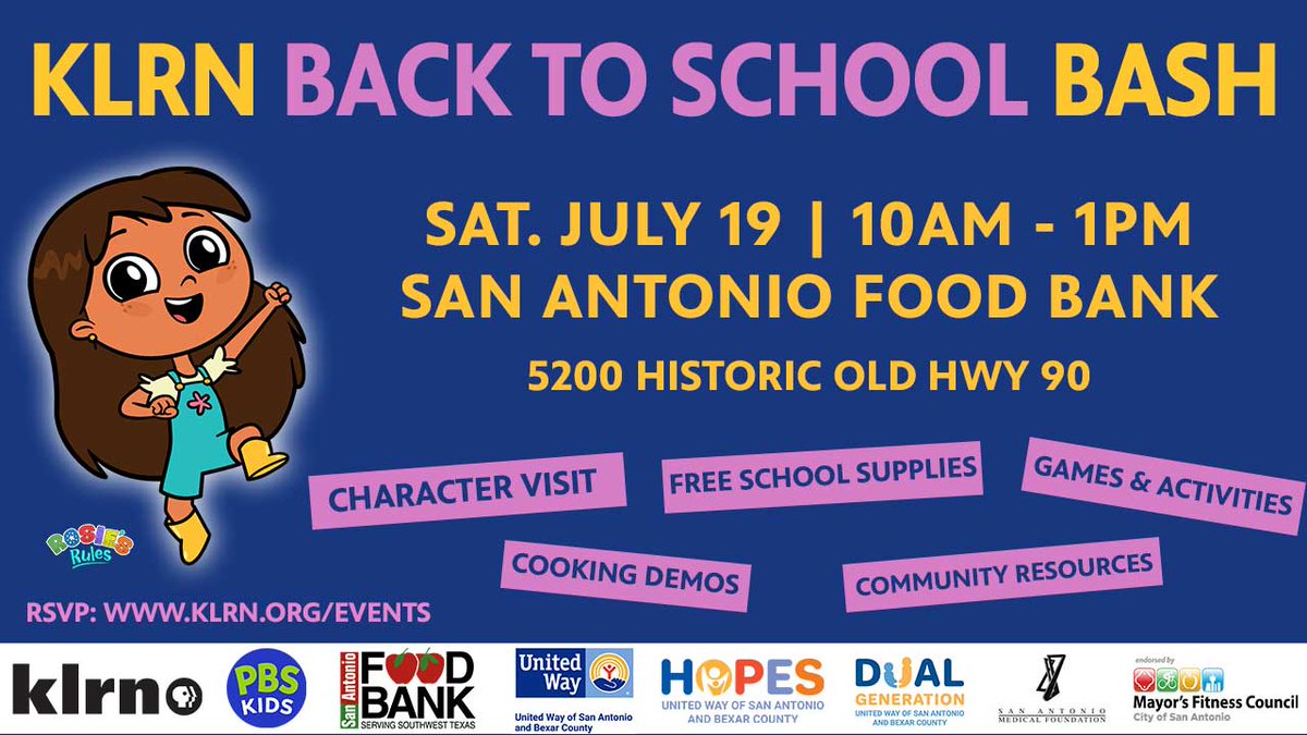 KLRN (@klrn) on Twitter photo 📅 Save the Date! Join KLRN for a fun #BackToSchoolBASH at the <a href="/safoodbank/">San Antonio Food Bank</a> 🎒
🗓️ July 19 | ⏰ 10AM–1PM
🎉 Activities, games, cooking demonstrations, backpack giveaways & a visit from Rosie of <a href="/RosiesRulesHQ/">Rosie's Rules</a>! 💖
Thanks to <a href="/UnitedWaySATX/">United Way of SATX</a> <a href="/FitCitySA/">Mayor’s Fitness Council of San Antonio</a> <a href="/SAmedfound/">San Antonio Medical Foundation</a>!
#BackToSchool 📅 Save the Date! Join KLRN for a fun #BackToSchoolBASH at the <a href="/safoodbank/">San Antonio Food Bank</a> 🎒
🗓️ July 19 | ⏰ 10AM–1PM
🎉 Activities, games, cooking demonstrations, backpack giveaways & a visit from Rosie of <a href="/RosiesRulesHQ/">Rosie's Rules</a>! 💖
Thanks to <a href="/UnitedWaySATX/">United Way of SATX</a> <a href="/FitCitySA/">Mayor’s Fitness Council of San Antonio</a> <a href="/SAmedfound/">San Antonio Medical Foundation</a>!
#BackToSchool