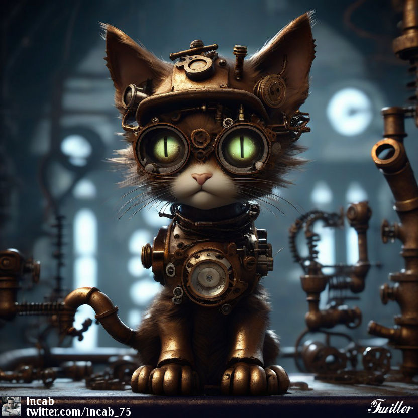 Incab_75's tweet photo. Artwork by Incab #graphics #digitalart #AIArtwork #AIart #AIArtCommuity #stablediffusionart #fantasyart #fantasy #kitten #steampunk #cat https://t.co/vPinWTFRYg