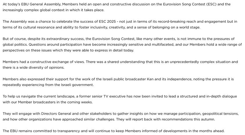 This statement by the EBU leaves a lot of room for interpretation. To me it sounds like this: Most of the members are in favor of banning Israel, let’s see if the war is still ongoing in the winter and then make a decision. 

Sounds like a typical case of kicking the can down the