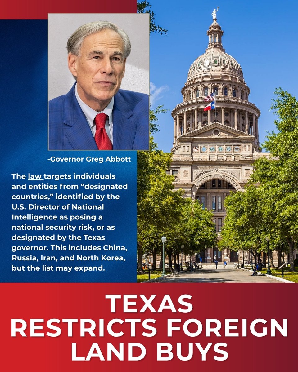 ASL_Liberty's tweet image. Texas has enacted legislation, effective September 1, 2025, that imposes sweeping restrictions on the purchase or acquisition of real property by certain foreign individuals, entities, and governments. The law targets individuals and entities from “designated countries,”…