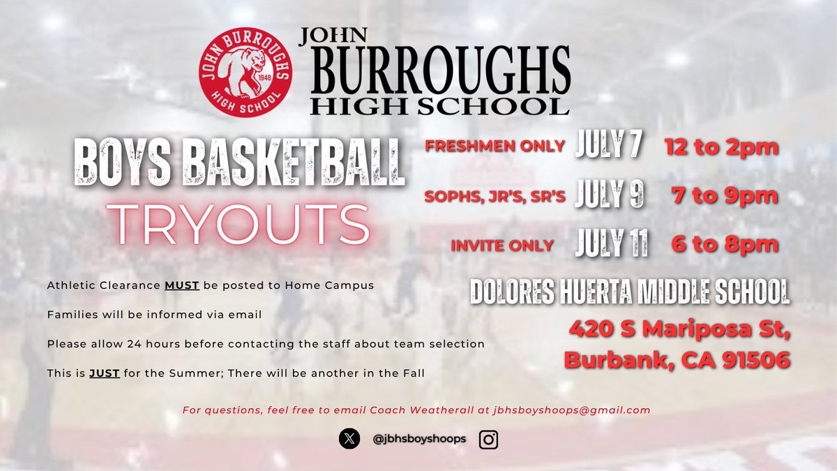 🏀 Burroughs Boys Basketball Tryouts 🏀
Bring your game! Play hard! Leave your mark! See you at Dolores Huerta Middle School!