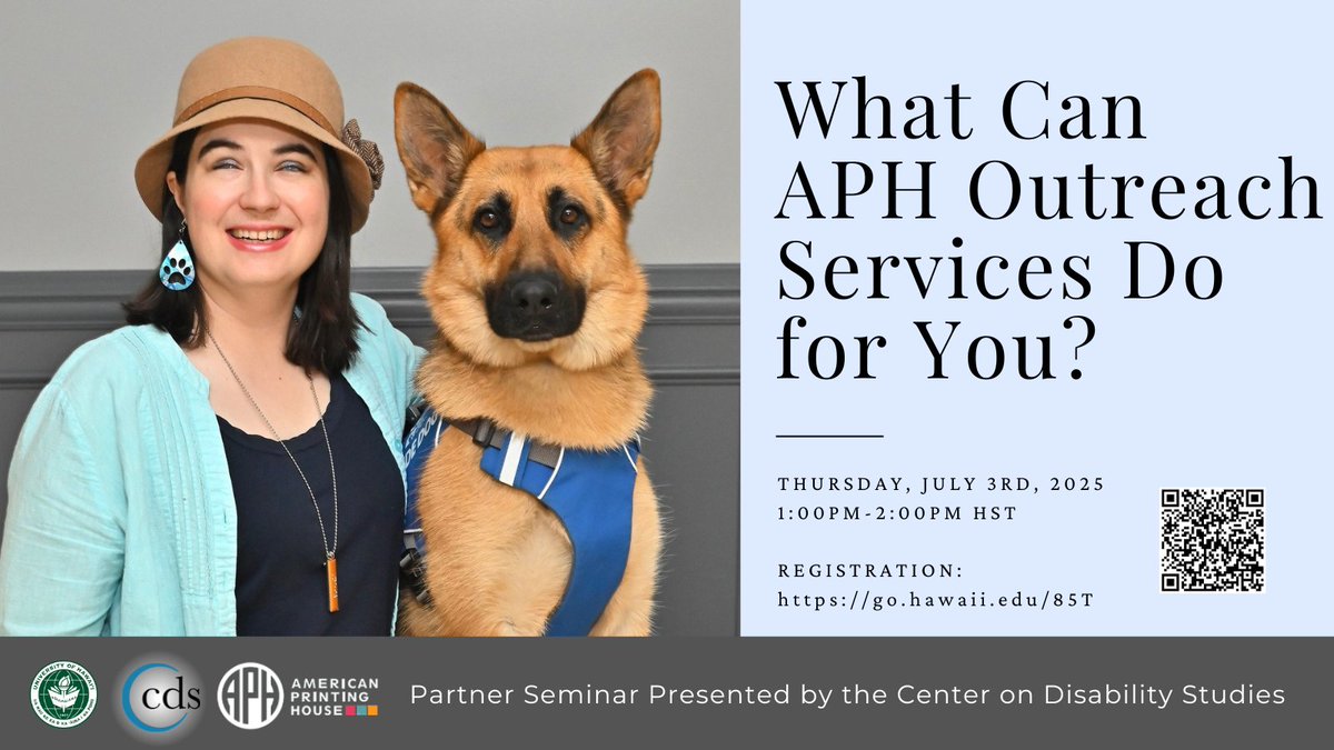 Have you signed up for the next partner seminar, What Can APH Outreach Services Do for You? 

Join us TODAY, July 3rd, 2025 from 1:00pm-2:00pm HST, registration is at go.hawaii.edu/85T.
#Outreach #Education #Services #Solutions #Blind