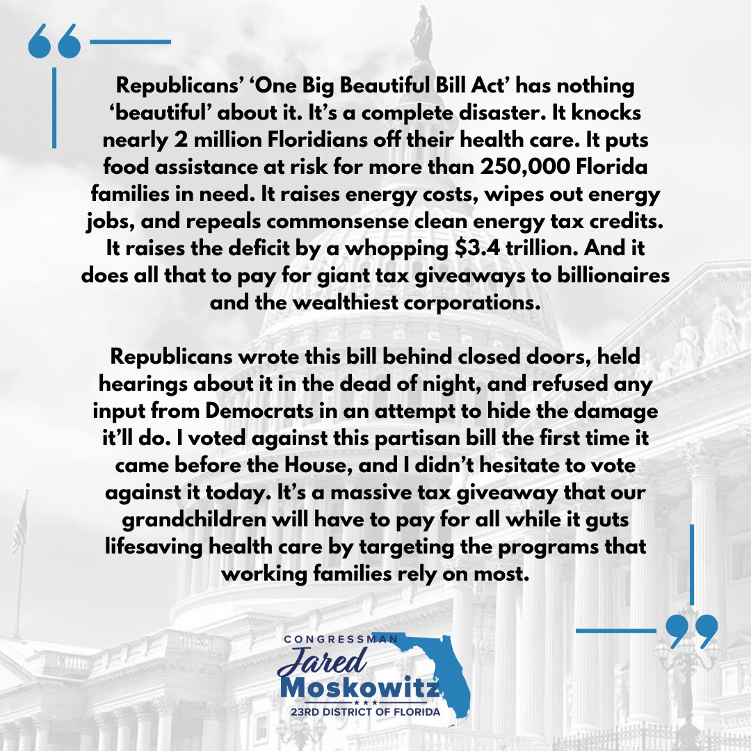 RepMoskowitz's tweet image. My statement on my vote against Republicans’ disastrous budget bill: