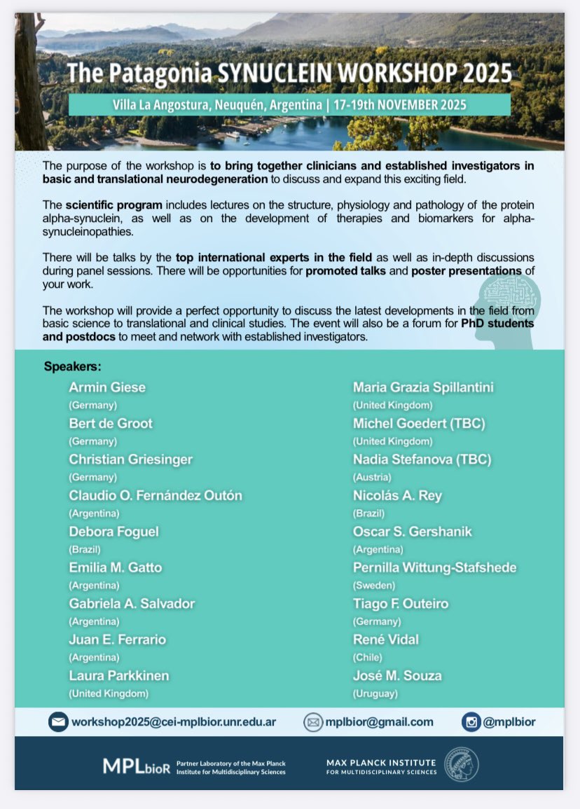 _SBCCh's tweet image. The Patagonia Synuclein Workshop 2025
🗓️ November 17 - 19th
📍Villa la Angostura, Neuquén, Argentina
cei-mplbior.unr.edu.ar/workshop/