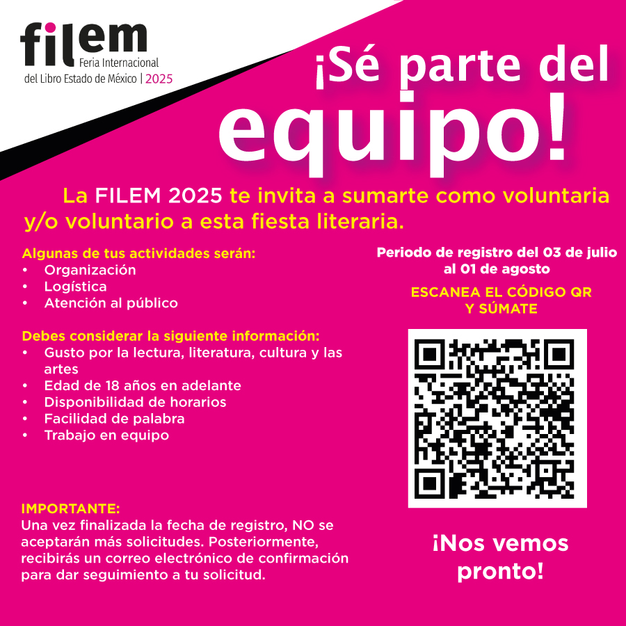 ¡Vive la #Filem2025 como parte del equipo de voluntarias y voluntarios! Consulta los requisitos y escanea el código para registrarte 👇🏻

<a href="/UAEM_MX/">UAEMéx</a> <a href="/CulturaEdomex/">Secretaría de Cultura y Turismo</a> <a href="/TolucaGob/">Ayuntamiento de Toluca</a>