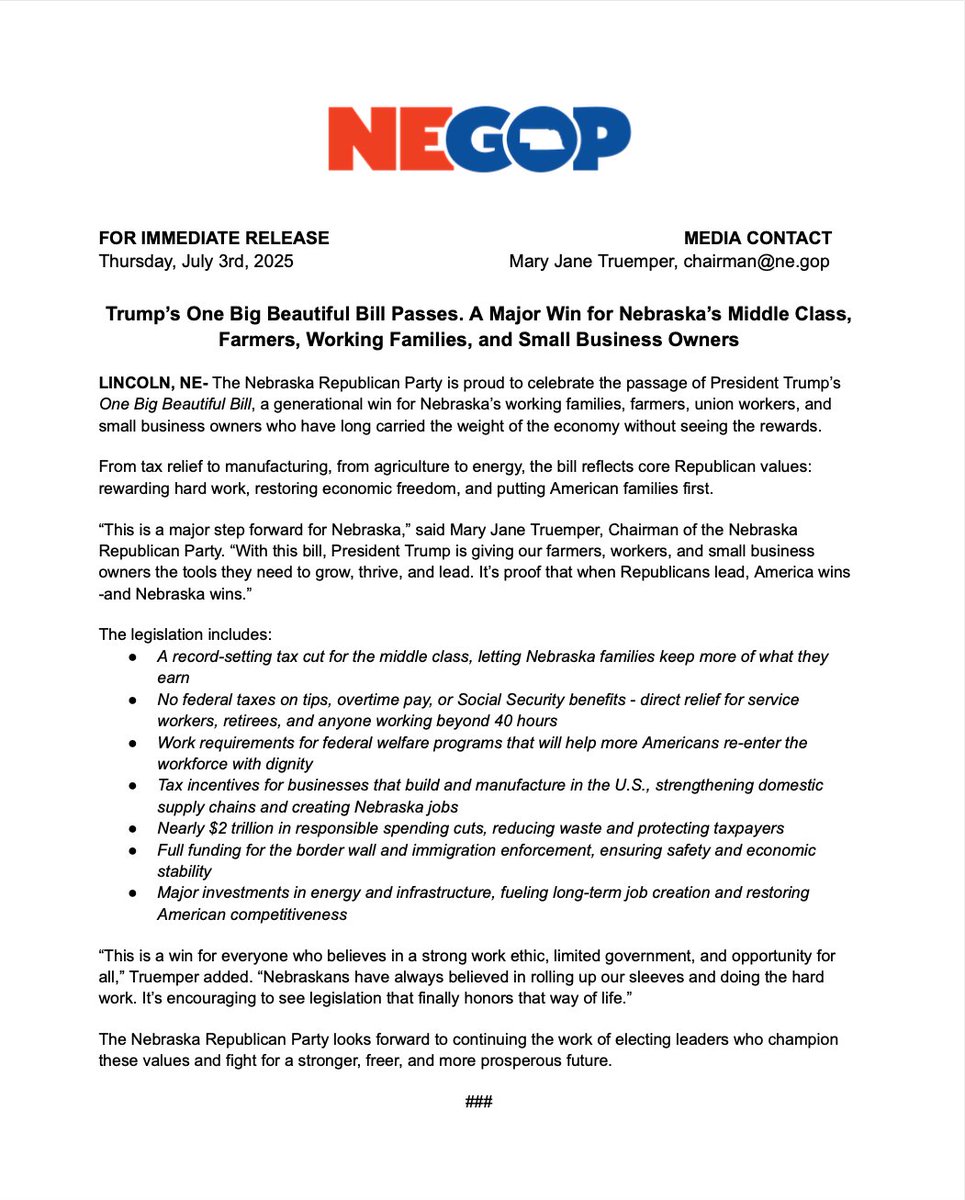 NEGOP's tweet image. The Nebraska Republican Party issues the following statement regarding the passage of the One Big Beautiful Bill: