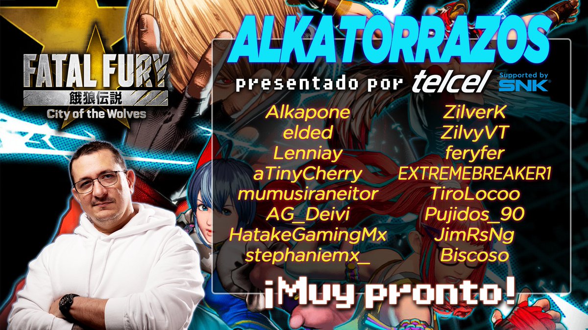 Lista de participantes para Alkatorrazos presentado por <a href="/Telcel/">Telcel</a>, nos vemos el 5 de julio a las 5 pm para iniciar la transmisión.

Este torneo se lleva acabo auspiciado por SNK y en colaboración con <a href="/lagemaeslacrema/">LA GEMA</a>.

A practicar mucho!!!