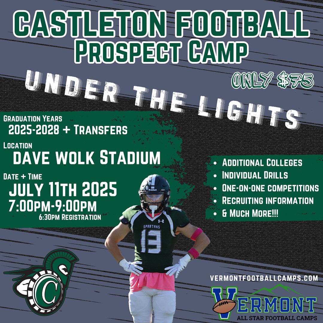1️⃣ Week Away
🚨 July 11th 
📍Dave Wolk Stadium
🏈 <a href="/CastletonFB/">Castleton Football</a> 
⏰ 7pm-9pm
🔗 shorturl.at/nxY2N