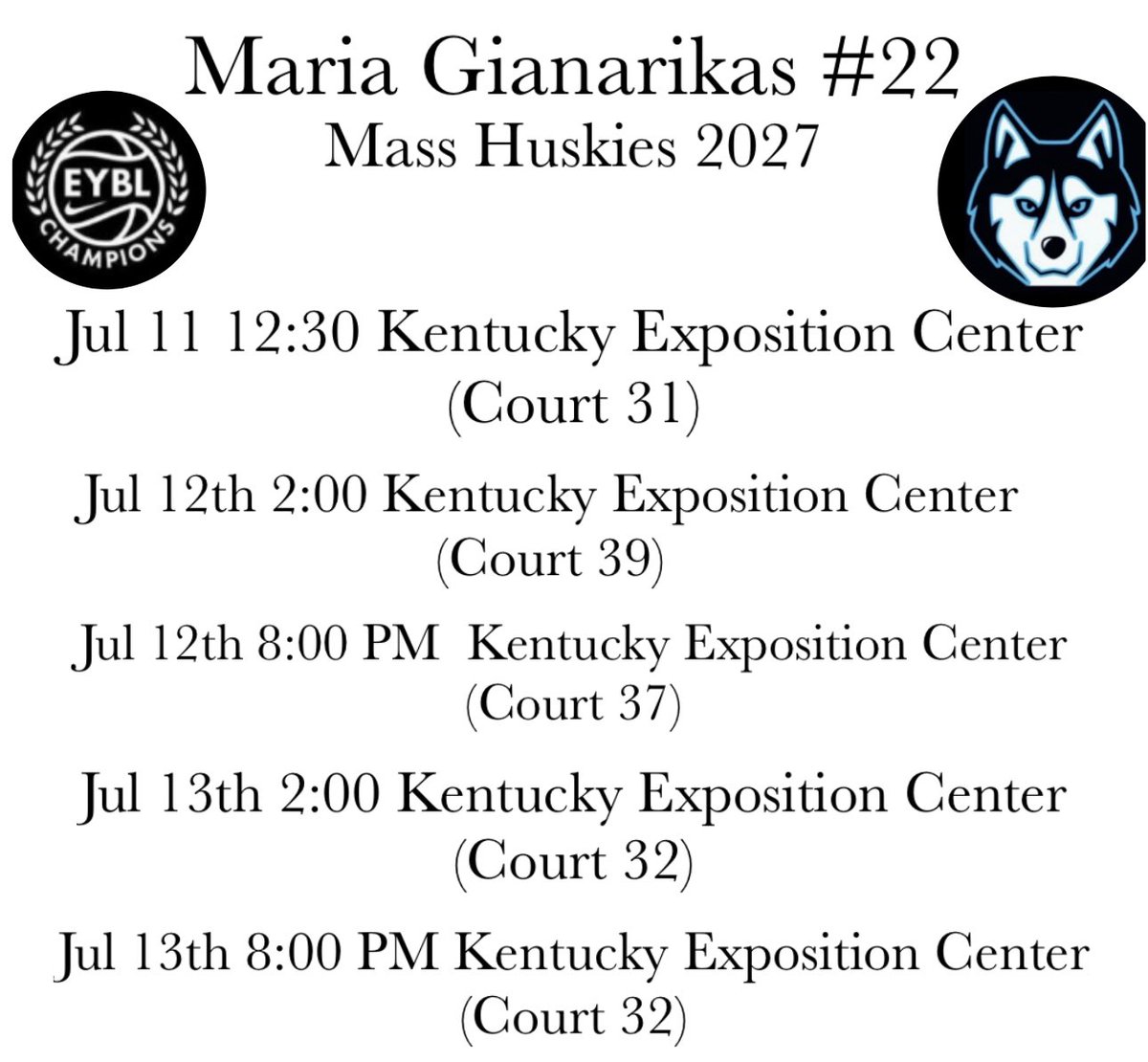 Maria (@mariaog05) on Twitter photo Excited to play next weekend in Run for the Roses tournament! Here’s my schedule <a href="/MAHuskies/">MA_Huskies</a> <a href="/MAHuskies_eycl/">Mass Huskies EYCL</a> <a href="/CoachDwayneP/">Coach Pizzle</a> <a href="/DGianarikas/">Despina Gianarikas</a> <a href="/gianarikas/">George Gianarikas</a> Excited to play next weekend in Run for the Roses tournament! Here’s my schedule <a href="/MAHuskies/">MA_Huskies</a> <a href="/MAHuskies_eycl/">Mass Huskies EYCL</a> <a href="/CoachDwayneP/">Coach Pizzle</a> <a href="/DGianarikas/">Despina Gianarikas</a> <a href="/gianarikas/">George Gianarikas</a>