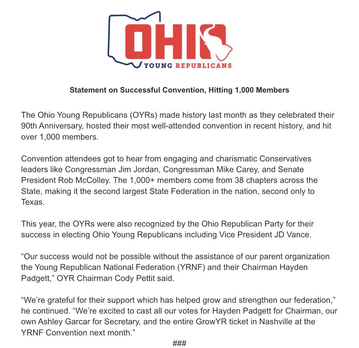 Ohio YRs celebrate our huge wins last month and look forward to maintaining our momentum and growth as we move into <a href="/yrnational/">Young Republicans</a> convention and supporting <a href="/growyr25/">Grow YR Campaign</a>, <a href="/haydenpadgett/">Hayden Padgett</a> , and  our own <a href="/AshleyGarcar/">Ashley Callender Garcar</a>!