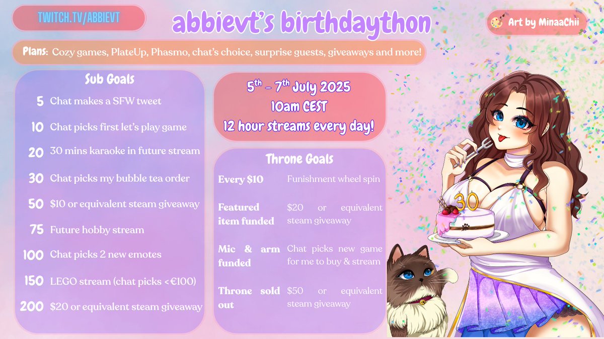 BIRTHDAYTHON ANNOUNCEMENT POST

That's right I'm having a birthdaython July 5th - 7th! We have all sorts of fun things including some special guest appearances, giveaways, games, and fun incentives!

Amazing art by MinaaChii ❤️❤️
#birthday #twitchstreamer