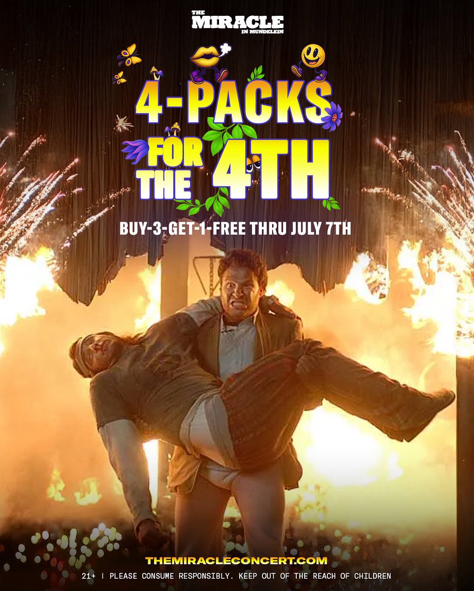 miracleconcert's tweet photo. 🔥 4-PACKS. FIREWORKS. FLOWERS.
Buy 3 Miracle tickets, get 1 free through July 7th so you can bring the whole sesh squad and still have cash for goodies. Dale &amp; Saul would want this for you. 

🎟️ https://t.co/MFJFpCnDJd https://t.co/8Kmao1i4Rd