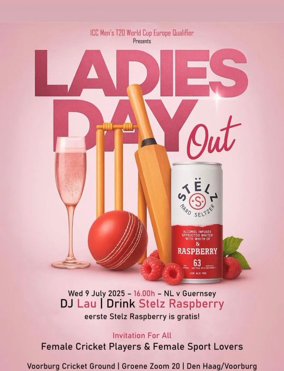 🎀 𝗟𝗔𝗗𝗜𝗘𝗦 𝗗𝗔𝗬 𝗢𝗨𝗧! 🎀
Join us on 𝗪𝗲𝗱𝗻𝗲𝘀𝗱𝗮𝘆, 𝟵 𝗝𝘂𝗹𝘆 𝟮𝟬𝟮𝟱 𝗮𝘁 𝟭𝟲:𝟬𝟬 for a special match day at the ICC Men’s T20 World Cup Europe Qualifier: 𝗡𝗲𝘁𝗵𝗲𝗿𝗹𝗮𝗻𝗱𝘀 🇳🇱 𝘃𝘀 𝗚𝘂𝗲𝗿𝗻𝘀𝗲𝘆 🇬🇬

#KNCB #CricketInNL