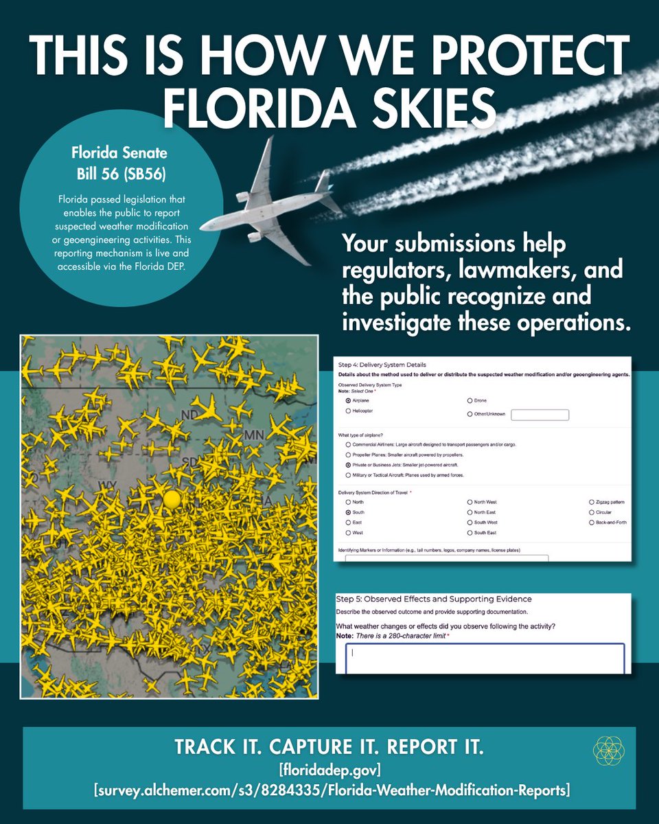 🚨✈️💨 LOOK UP FLORIDA – AND REPORT WHAT YOU SEE!  

SB 56 passed and is now in effect. Floridians can now officially report suspected weather modification and geoengineering activity.

If you’ve see unusual sky and cloud patterns, heavy streaking or trails in the sky, evidence