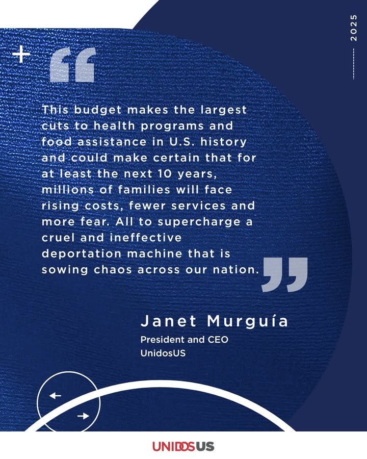WeAreUnidosUS's tweet image. Congress has chosen to approve a budget that imposes deep, painful cuts to health care, nutrition and education programs, while extending tax breaks only for the wealthiest of Americans and fueling a deportation machine that terrorizes communities. bit.ly/4eDXhYa