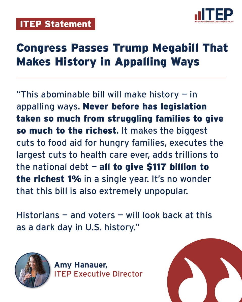 iteptweets's tweet image. Congress has passed Trump's megabill. It provides enormous tax cuts to the wealthiest people in this country while taking away health care and food assistance from millions of families.
This bill will only widen the already-huge chasm between the rich and the rest of America.
